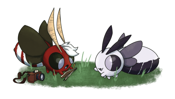 Robin and a villager moth are talking to each other as Robin writes.